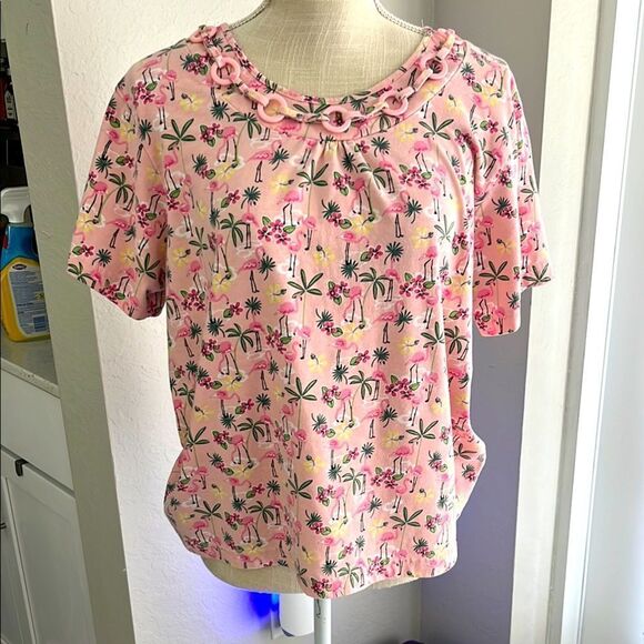 West Palm Vintage Flamingo & Floral Pink Short Sleeve Top SZ PM Tropical - Picture 1 of 7